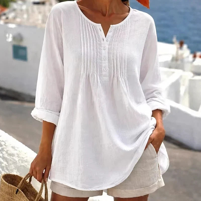 💚Women's Casual Pleated Henley Blouse – Long Sleeve Relaxed Fit Top