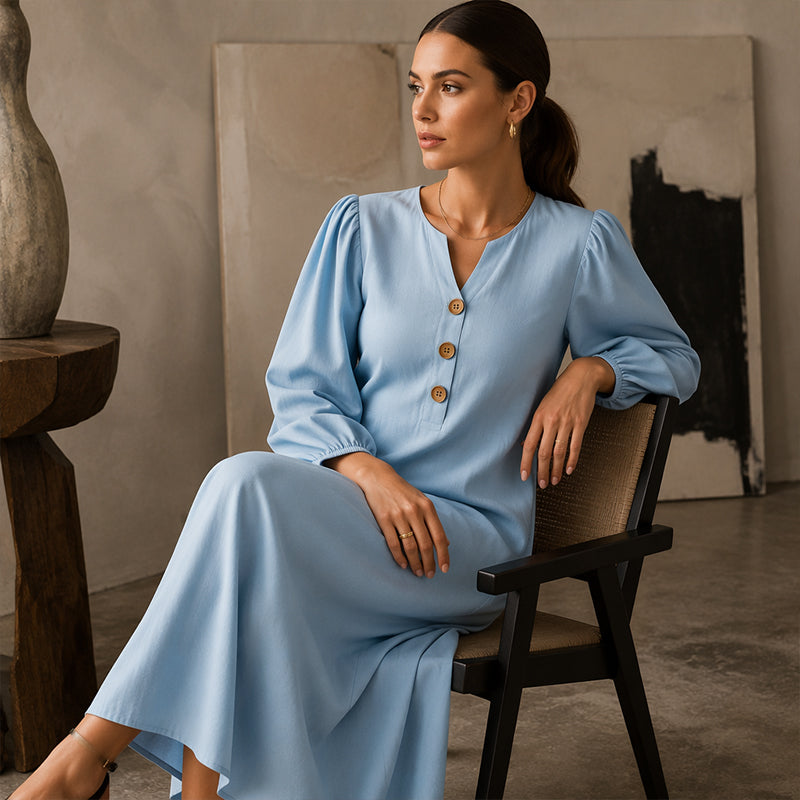 ✨✨Women's Casual V-Neck Maxi Dress with Puff Sleeve