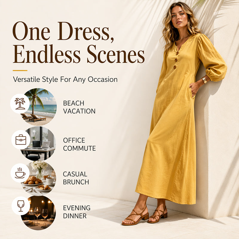 ✨✨Women's Casual V-Neck Maxi Dress with Puff Sleeve