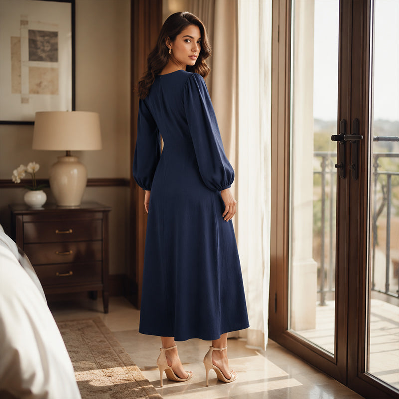 ✨✨Women's Casual V-Neck Maxi Dress with Puff Sleeve