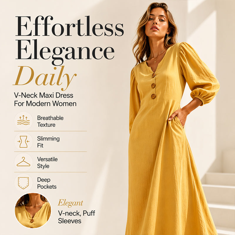✨✨Women's Casual V-Neck Maxi Dress with Puff Sleeve