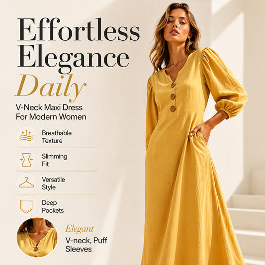 ✨✨Women's Casual V-Neck Maxi Dress with Puff Sleeve