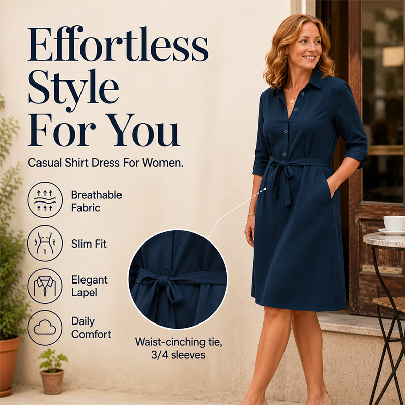 ✨✨Women's 3/4 Sleeve Shirt Dress with Belt